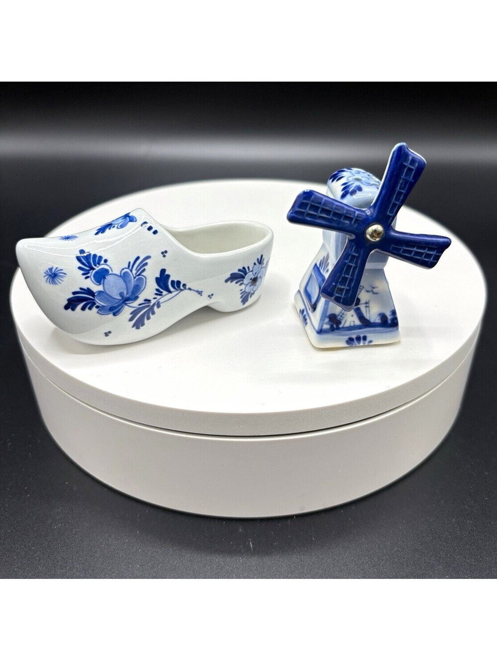 Blue & White Ceramic Windmill Figurine Floral Pattern Glossy Decorative 5 in